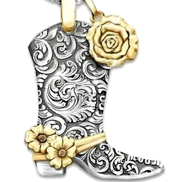 Vintage Western Pendant Rose Flower Boot Necklace - Picture 1 of 3